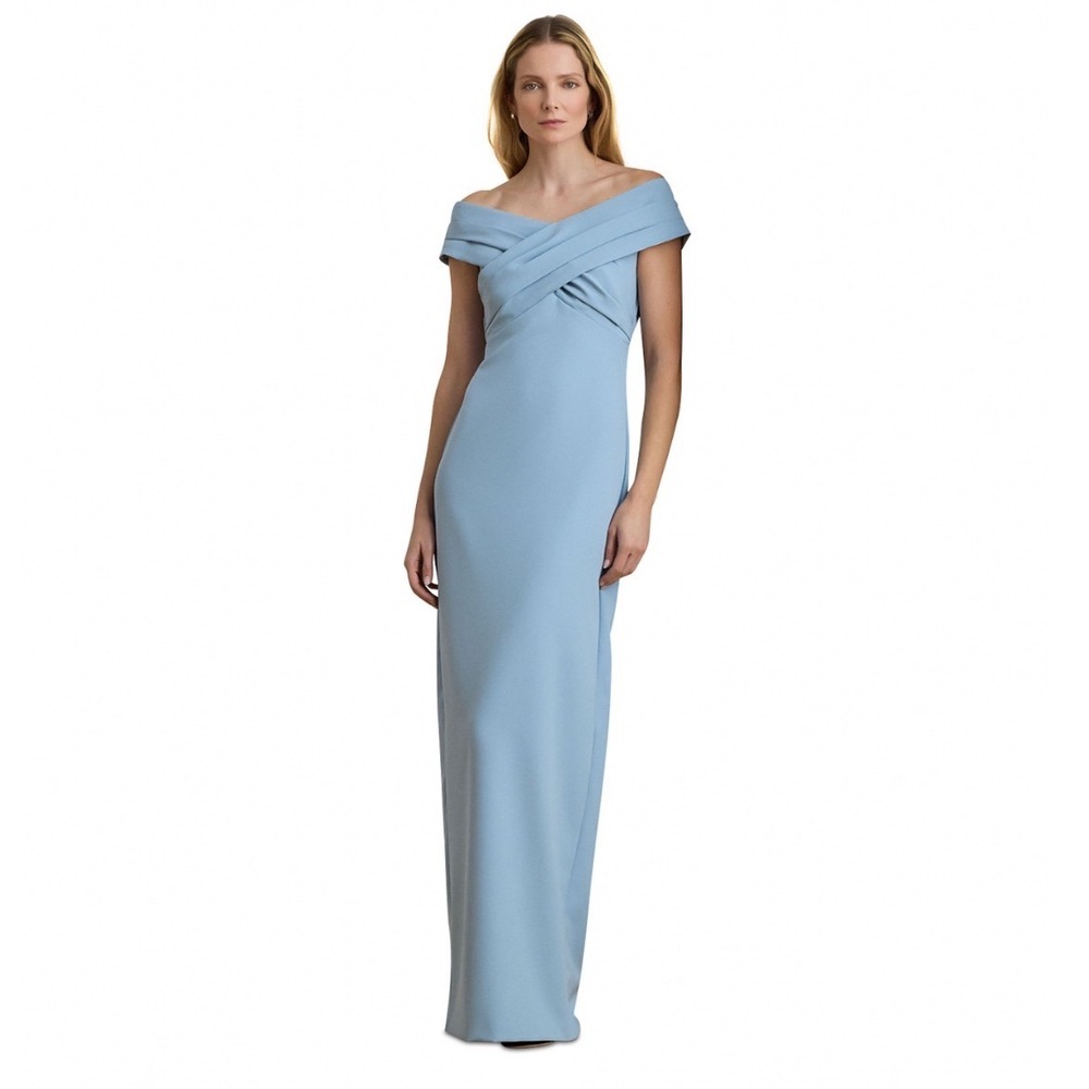 Lauren Ralph Lauren Le Summer Blue Crepe Off-the-Shoulder Gown Size 14
